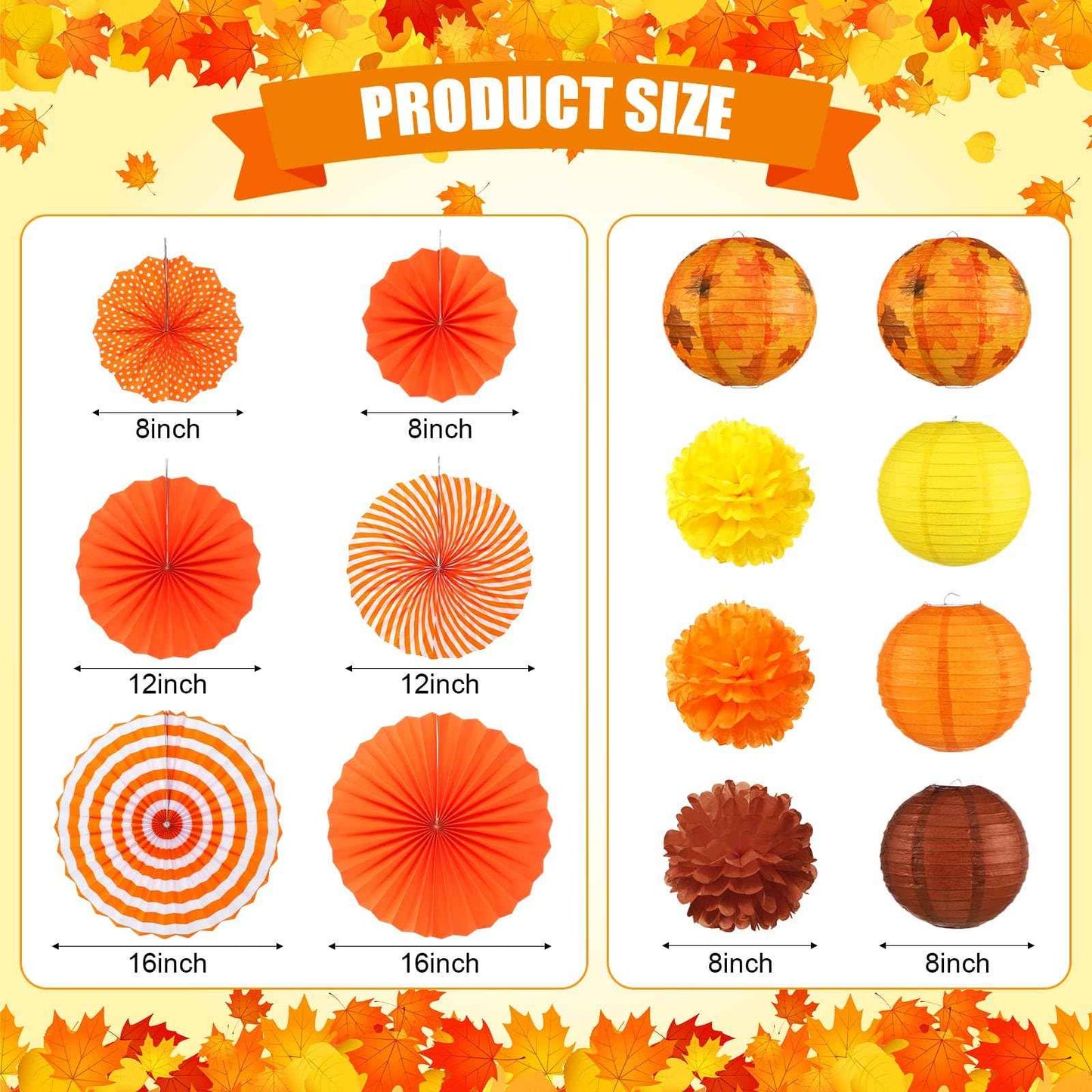 Yexiya 18 Pcs Fall Party Decoration Includes Fall Paper Lanterns Autumn Paper Fans Pompoms Maple Leaf Garlands Flower Balls Hanging Ceiling Decorations for Thanksgiving Harvest Wedding