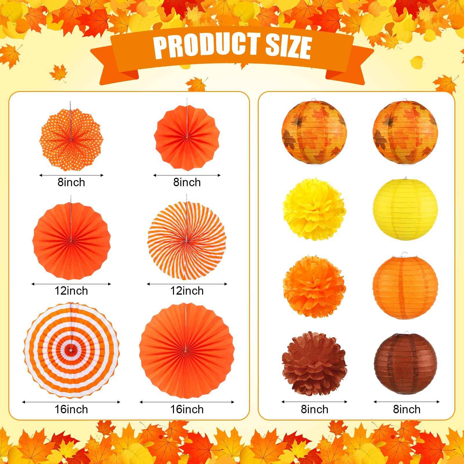 Yexiya 18 Pcs Fall Party Decoration Includes Fall Paper Lanterns Autumn Paper Fans Pompoms Maple Leaf Garlands Flower Balls Hanging Ceiling Decorations for Thanksgiving Harvest Wedding