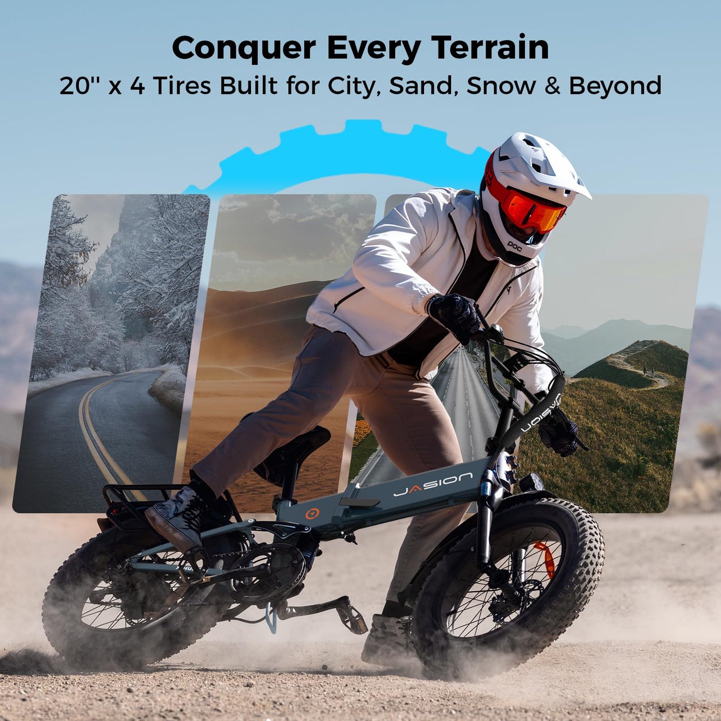 Jasion X-Hunter Foldable Electric Bike, 1400W Peak Motor, 30MPH Max Speed 70+ Miles, 48V 13AH Removable Battery, Full Suspension System, 20''*4.0 Fat Tire Ebike For Adults, 7-Speed Bicycle with Basket