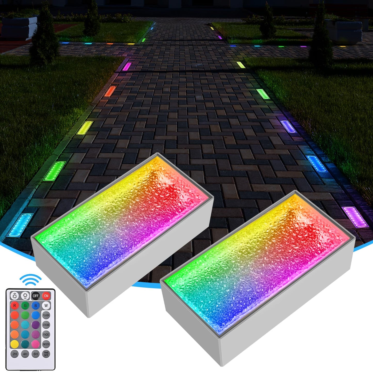 Dubofu Solar Paver Lights, 4x8 Brick Driveway Lights, IP67 Waterproof Outdoor Pathway Light, Recessed Landscape Lighting for Walkway, Patio, Garden, Lawn, Yard, Pool, Pavers, Warm White+RGB, 2 Pack