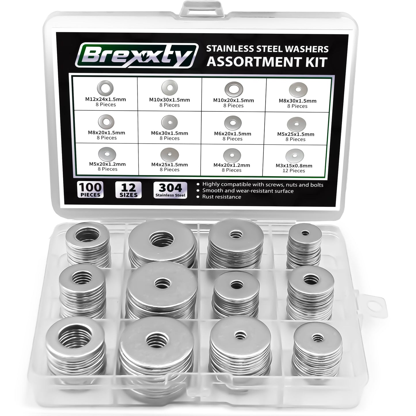 Fender Washers for Screws (100 Pcs) — 304 Stainless Steel Flat Washers Assortment Kit in Different Sizes (M3 M4 M5 M6 M8 M10 M12)—for Home & Industrial Usage