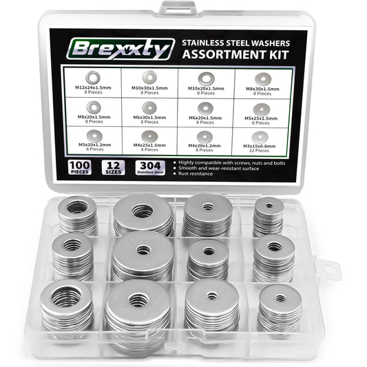 Fender Washers for Screws (100 Pcs) — 304 Stainless Steel Flat Washers Assortment Kit in Different Sizes (M3 M4 M5 M6 M8 M10 M12)—for Home & Industrial Usage