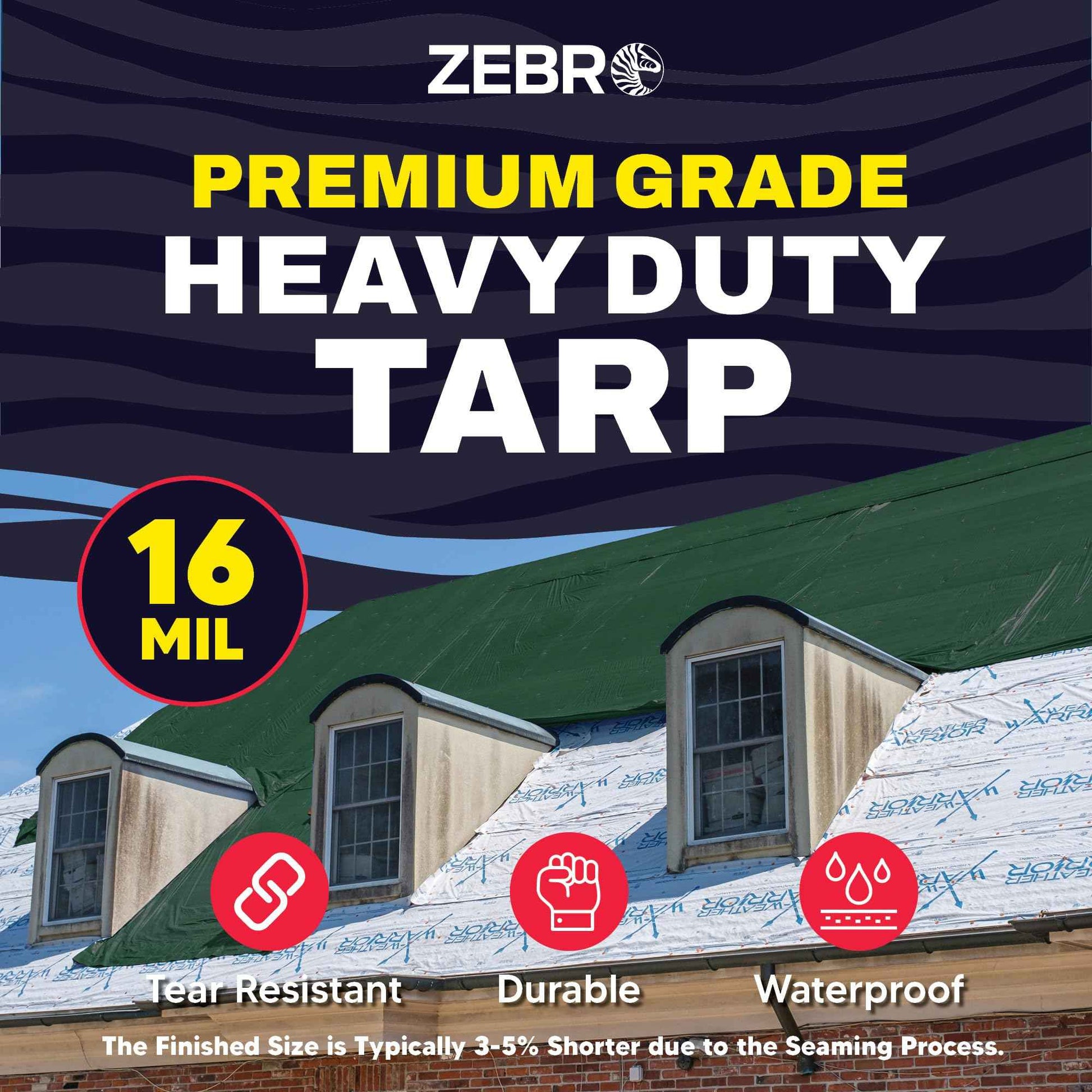 5' x 7' Green Heavy Duty Tarp with Grommets Reinforced - 16 Mil Thick - Double Sided Plastic Tarps Waterproof - Large Tarpaulin Cover for Outdoor Camping Over/Under Tent Tarp RV Roof Rain - Zebro