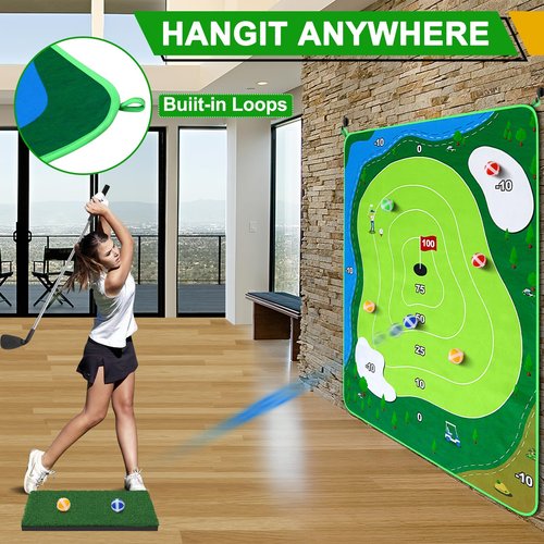 52HZ 6x5Ft Golf Chipping Game Mat, Battle Royale Golf Game Set with Golf Hitting Mat, 20 Grip Golf Balls, Golf Games for Adults Family Outdoor Indoor