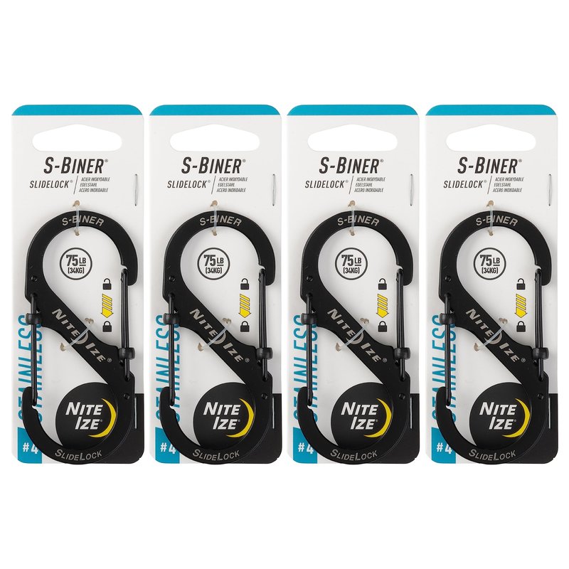 Nite Ize S-Biner Slidelock Stainless Steel - Double-Gated Design - Carabiner Clip with Locking Gates - Dual Carabiner Holder for Keys, Water Bottles & Gear - Size 4, Black, 4 Count (4 Pack)