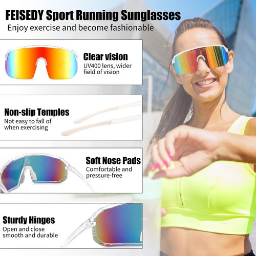 FEISEDY Sports Sunglasses for Men and Women, Large Rectangular Lens, Baseball Cycling Running Sunglasses B0243