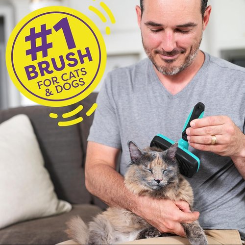 Hertzko Dog Brush - Self-Cleaning Slicker Brush for Shedding - Gently Removes Loose Hair & Tangles - Aqua