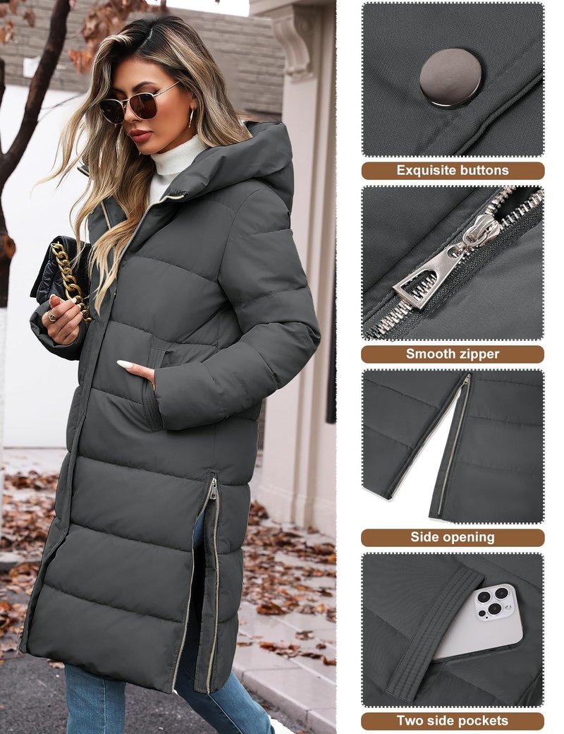 VXVGER Winter Coats for Women-Puffer Jacket Hooded Warm Winter Long Coat Thickened Down Alternative Jacket Outwear, Dark Gray, XL