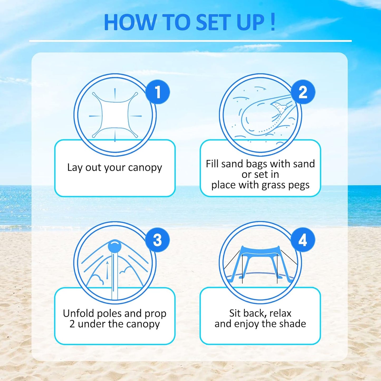 Skiennix Beach Canopy Tent - UPF 50+ UV Protection Sun Shade with Sandbags, Poles & Anti-Wind Ropes