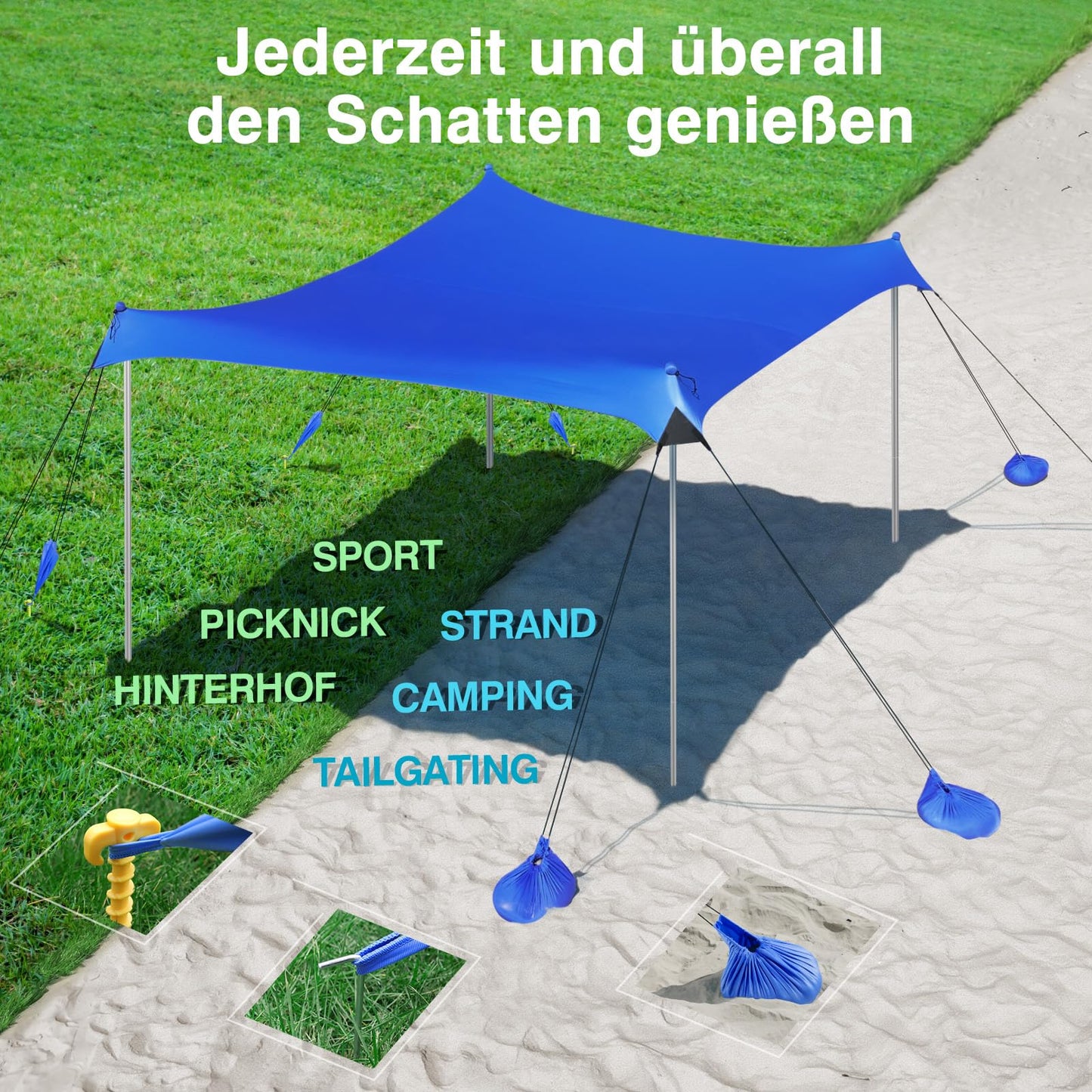 Rhino Valley Beach Tent, 10 x 10 FT Beach Shade UPF50+ Protection, Beach Canopy with 8 Sandbags 4 Stability Poles, Outdoor Beach Tent Sun Shelter Umbrella for Sand,Camping,Fishing Essentials,Dark Blue