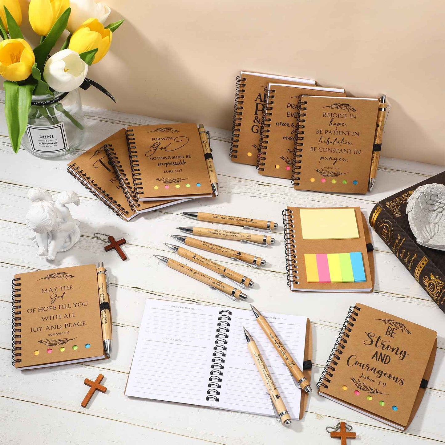 Spakon 20 Set Christian Gifts Bulk Church Gifts Religious Notebook Spiral Bible Verse Bamboo Pens Mini Bible Study Journal for Sunday School Employee Coworker Men Women (Brown)