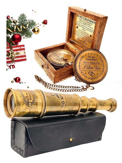to My Grandson Gift Set from Grandpa Grandma - Grandparents Gift to Grandson | Compass & Spyglass Telescope