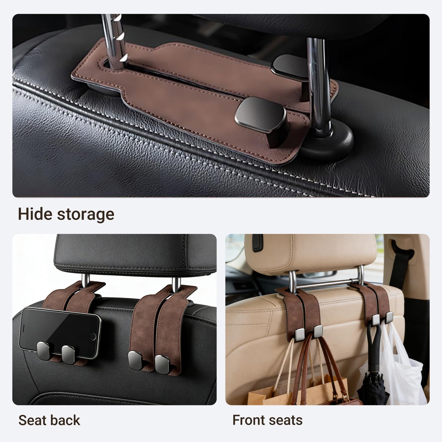 Jiexily Car Seat Headrest Hooks for Purses and Bags, 2026 New Car Purse Hook Seat Back Hanger Storage Organizer, Leather Purse Hook for Car (Black 2pcs)