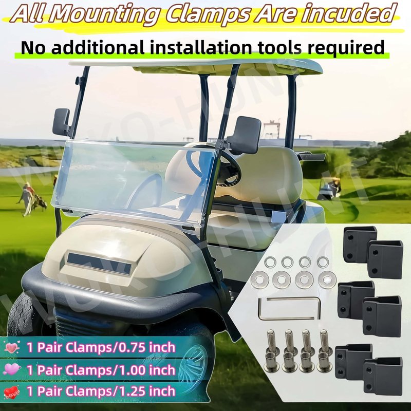 WUKO HUNT Golf Cart Side Mirrors - No Drilling Extra Large HD Glass, Universal Fit for EZGO, Yamaha, Club Car & EPI. 180° Adjustable Folding Rear View Mirrors with 3 Size Clips