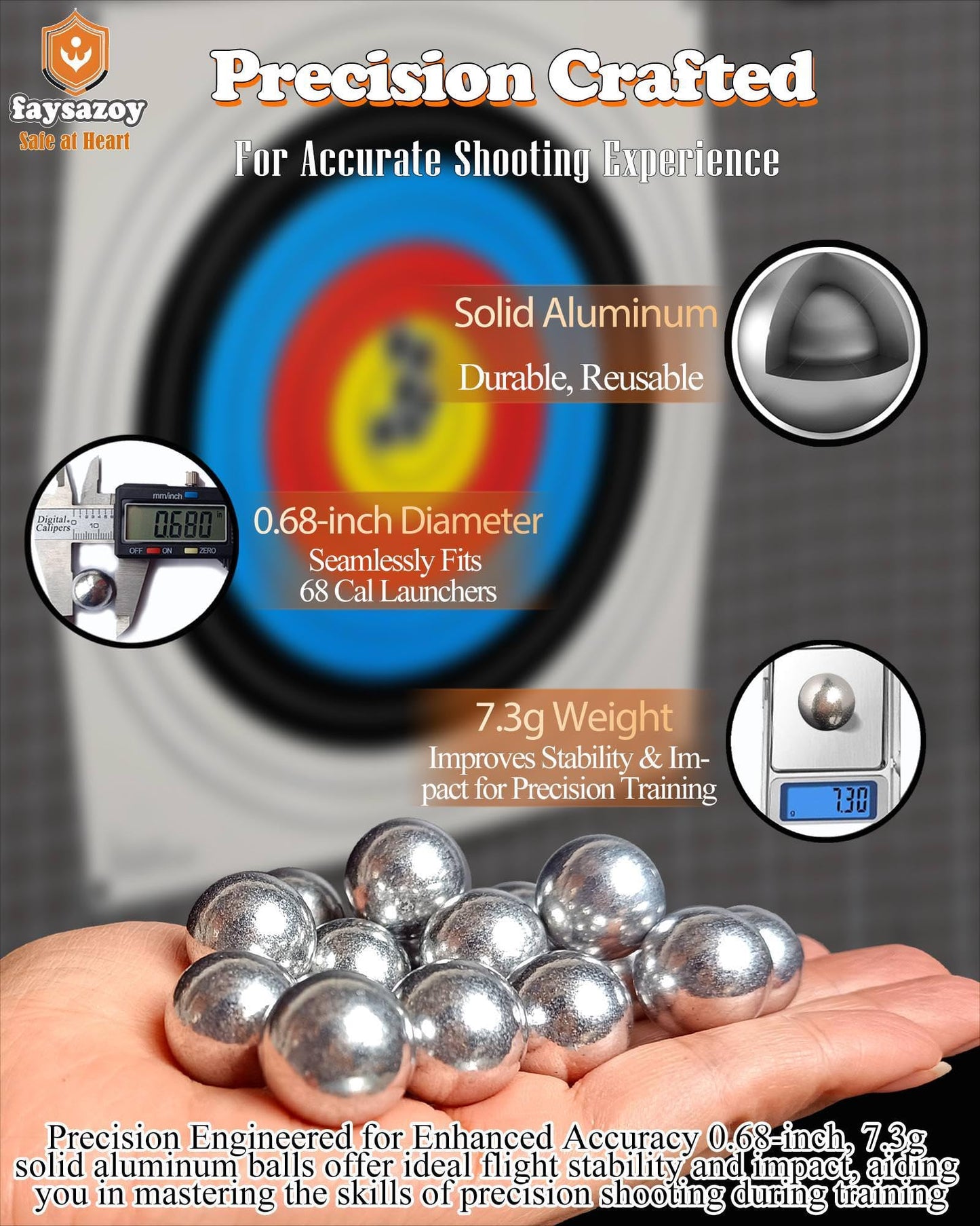Faysazoy 50 x .68 Caliber Self Defense Balls & Projectiles, 7.3g, Hard - Reusable 0.68 Caliber Aluminum Balls for Home Defense, Practice, and Training (50)