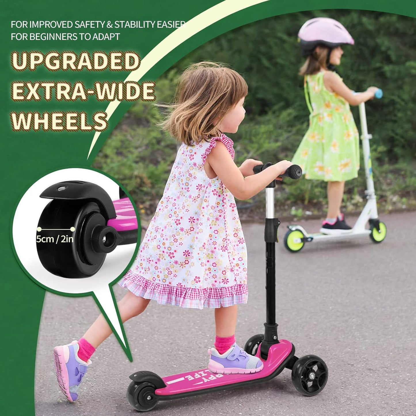 Besrey Kick Scooter for Kids - 3-Wheel Folding Design with Adjustable Height & LED Light Wheels | Extra Wide Deck