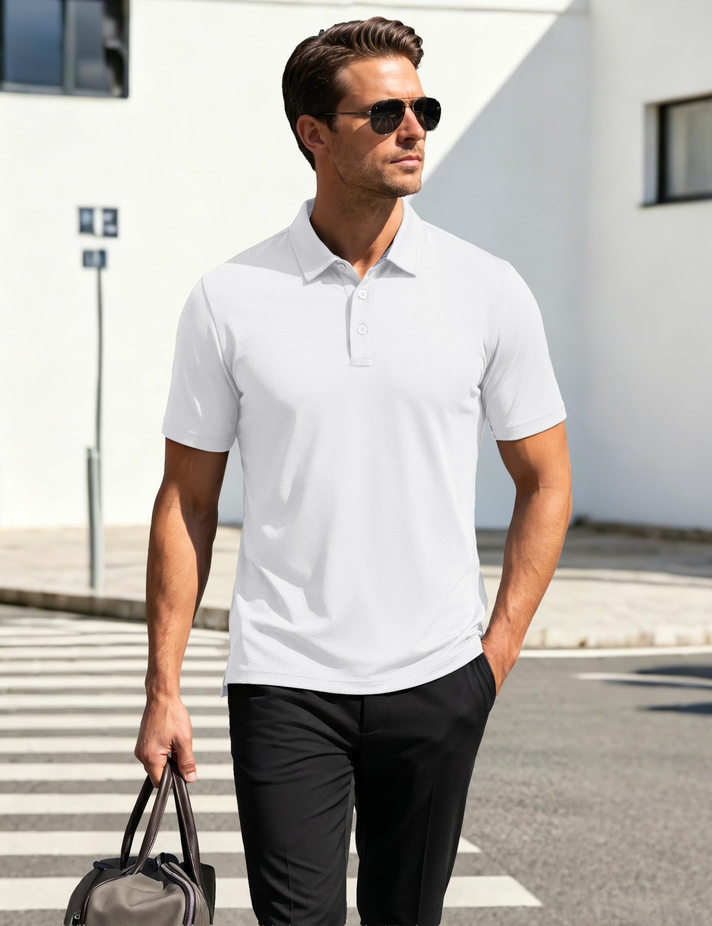 MAGCOMSEN White Polo Shirts for Men Short Sleeve Performance Moisture Wicking Golf Polos Athletic Work Casual Plain Collared Shirt