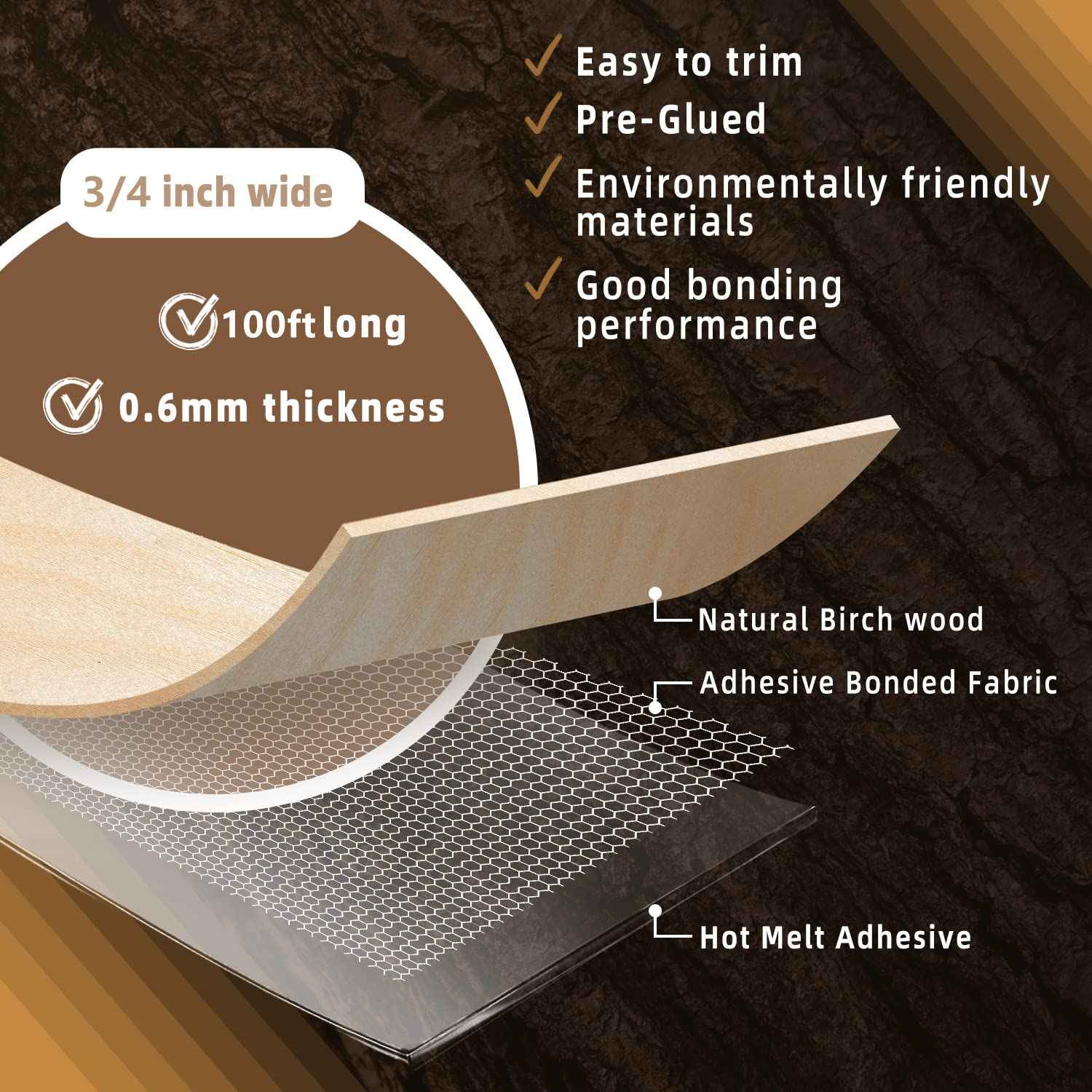 GSCIT Club Birch Edge Banding, 3/4 inch x 100ft roll of Veneer Edge Banding Preglued Flexible, Real Wood Tape Banding