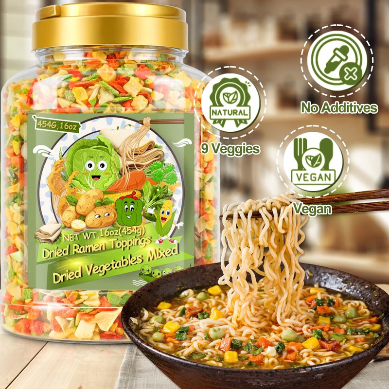 9-Veggie Toppings for Ramen, 16oz All Natural Vegetable Instant Ramen Toppings, Dehydrated Veggies for Noodles, Soups, Camping, and Emergency Food, No Additives, 1 LB Canister