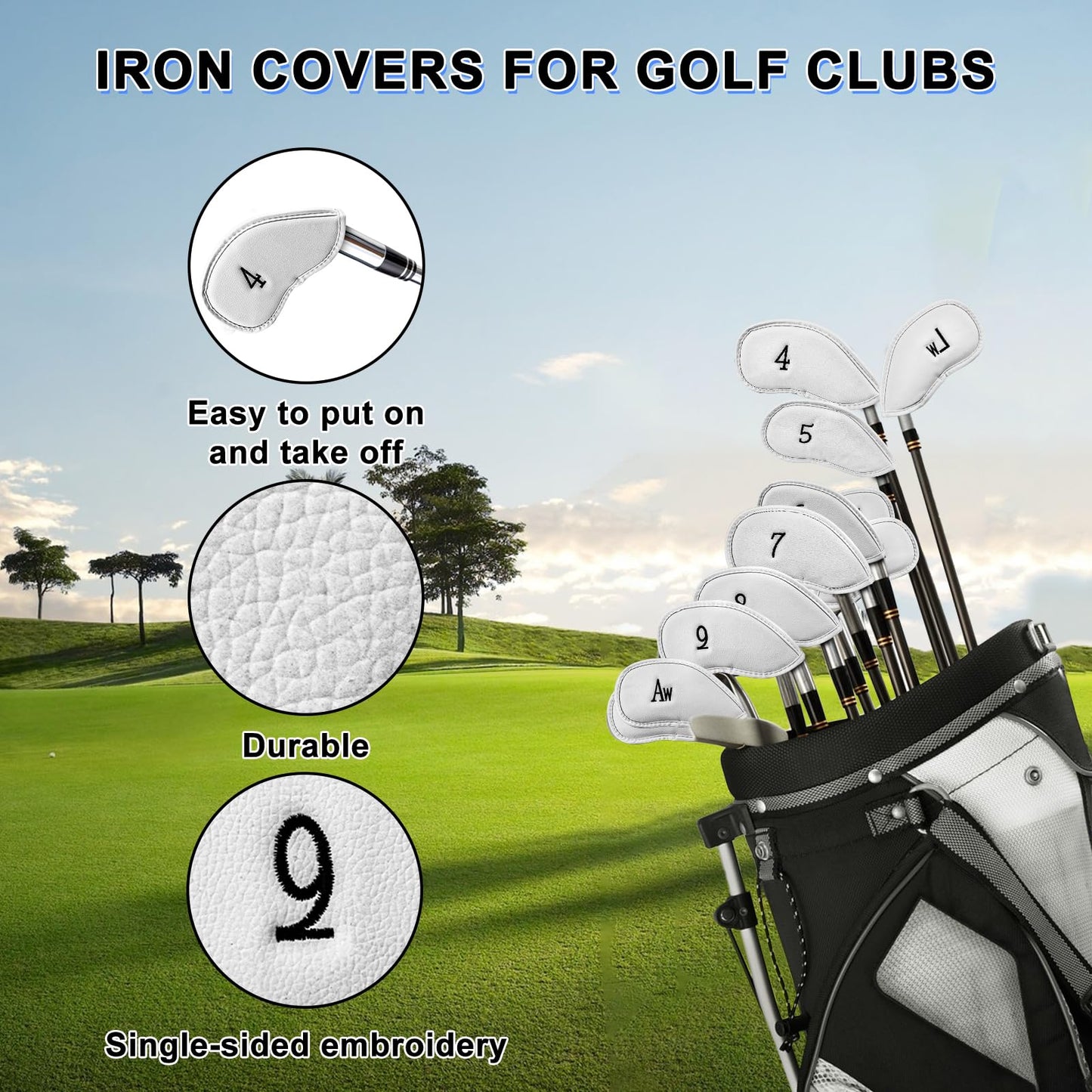 10PCS Premium Synthetic Leather Golf Club Covers, White Thick Golf Iron Covers, Durable and Stylish Head Covers for Golf Clubs, Fits Most Clubs