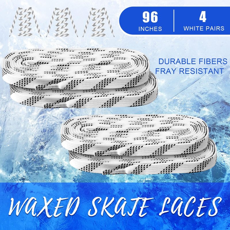 Yingzhao 4 Pairs Waxed Hockey Skate Laces Hockey Laces Wide Ice Skate Lace Strap Ice Hockey Skate Accessories for Ice Hockey, Roller Skates, Adults, Youth(96 Inch Long,White)