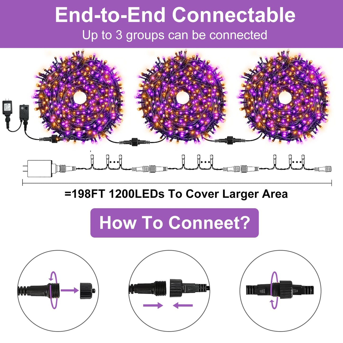 Connectable 400 LED Halloween String Lights, Motion Sensor Scary Sound 66Ft Orange and Purple Halloween Lights Outdoor Waterproof 4 Sound Effects for Yard Party Tree Decor