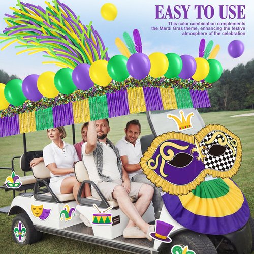 Tasdurian 159 Pcs Mardi Gras Theme Parade Golf Cart Kit Decor Carnival Mask Banner Fan Flag Gold Green Purple Tinsel Foil Fringe Garlands Balloons Craft Feathers for Masquerade Party Supplies Decor