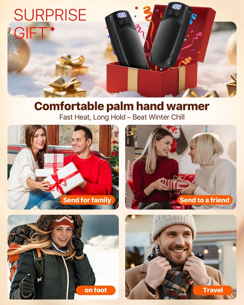 Kesguar Hand Warmers Rechargeable 2 Pack - 6000mAh Electric AI Handwarmers, LED Display & 5-Level Heating, 20Hrs Long Lasting, 2-in-1 Portable Heater, Gifts for Valentine's Day/Golf/Hunting