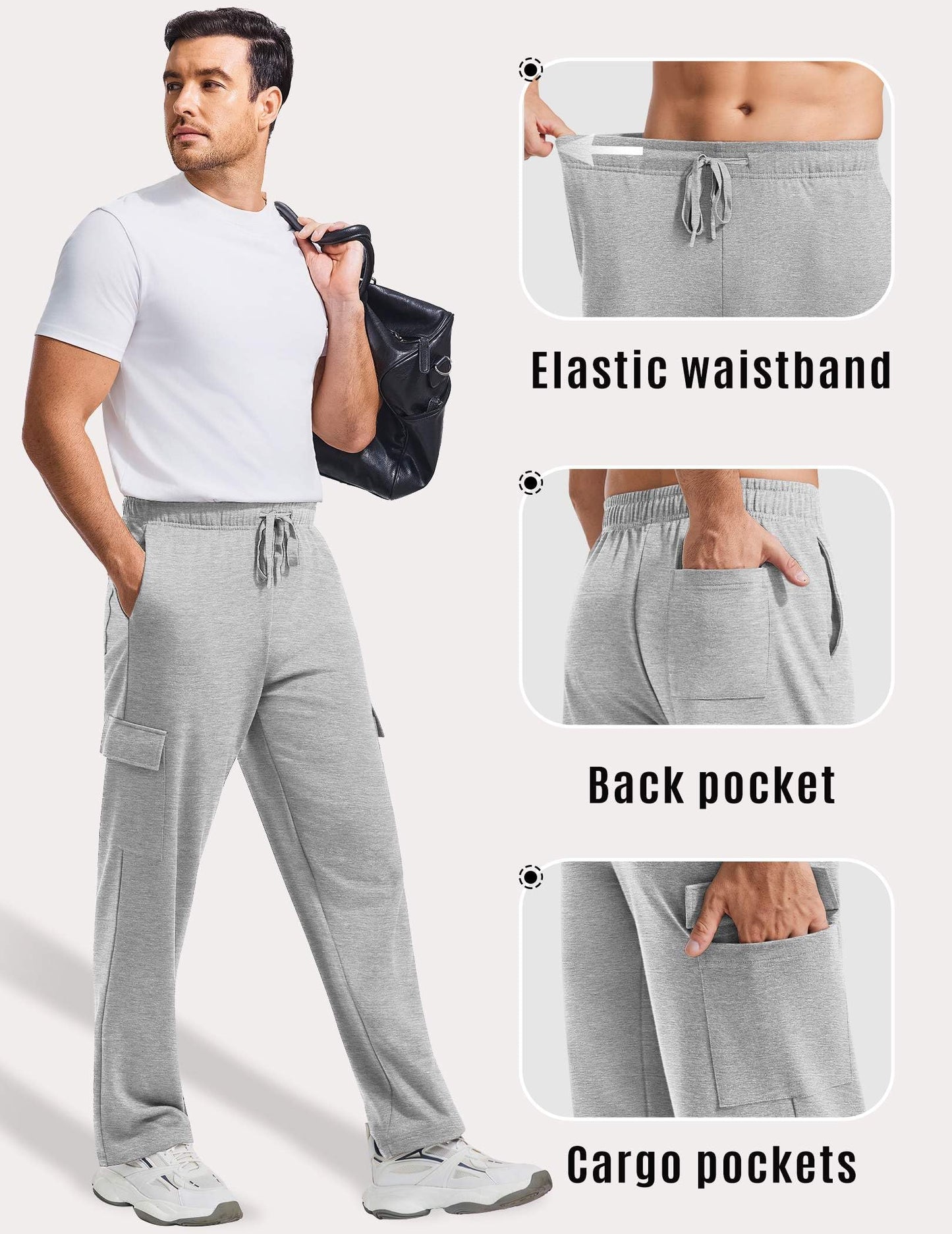 PINSPARK Cargo Sweat for Men Open Bottom Baggy Uncuffed Sweatpants Lounge Pants with Pockets Straight Leg for Casual Gym Light Grey
