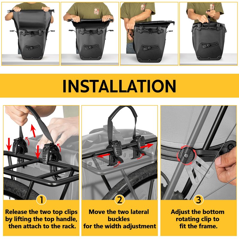 Smasrob Waterproof Bike Pannier, 30L Rear Bike Rack Bag with Multiple Pockets and Adjustable Clips, Bicycle Pannier Fits Most Bike Racks, Black (1 Bag)