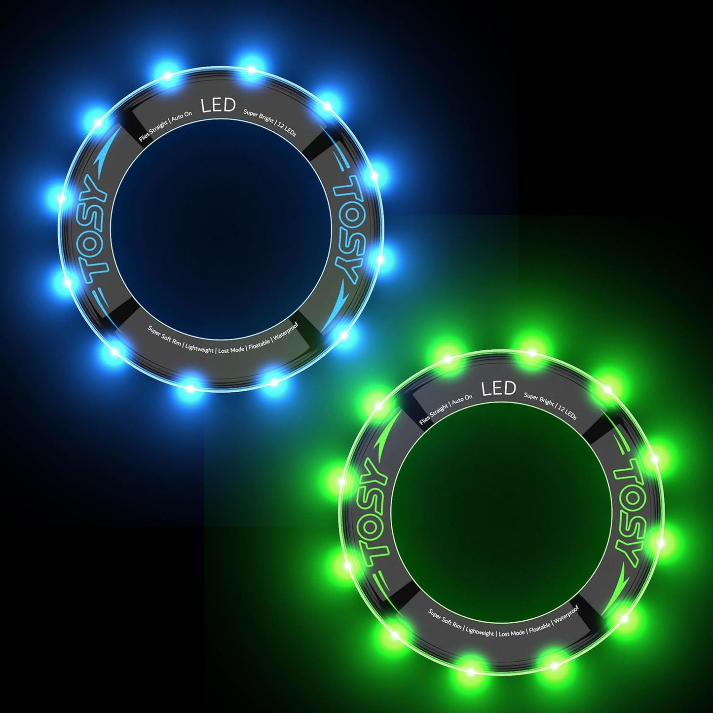 TOSY Flying Ring Bundle - 2 Pack in Blue & Green | Super Bright 12 LEDs for Fun Outdoor Play