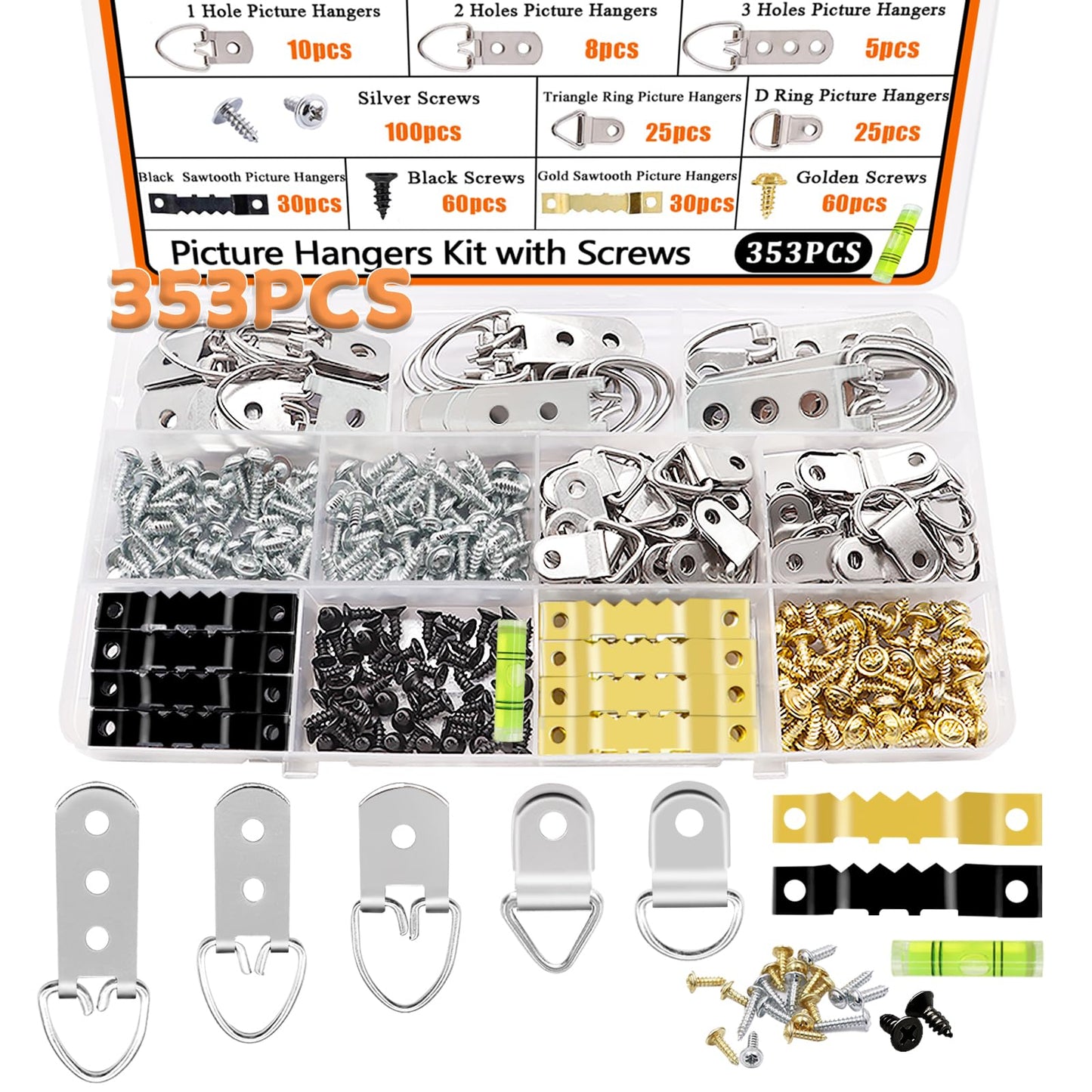 Dianrui 353PCS Picture Hanging Kit with Screws, Saw-Tooth, D Ring Picture Hangers Assortment, Picture Hanging Hardware Tool for Frame Hanging - 7 Models
