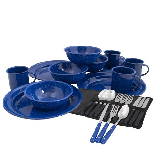 Alpine Mountain Gear 4-Person Blue Enamel Coated Steel Dining Set - Camping Gear Essentials with 4 Mugs, 4 Bowls, 4 Plates & Cutlery
