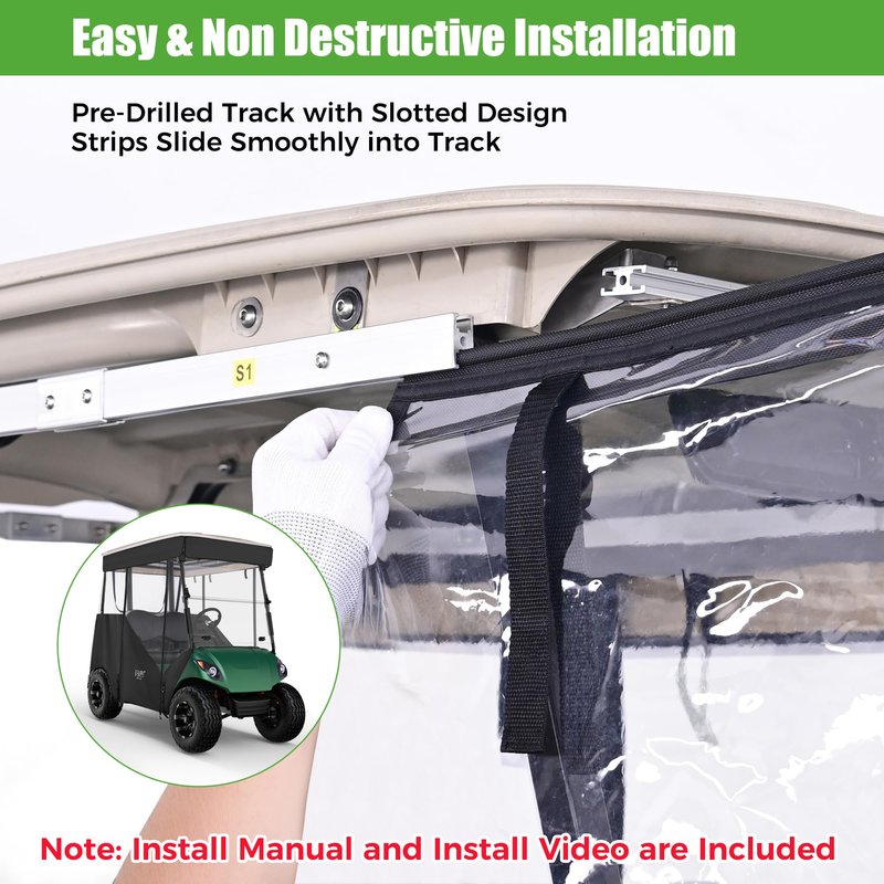 10L0L 3-Sided Track Style Golf Cart Enclosure fit 2 Passenger Yamaha G29, 600D Oxford Cloth Rain Shelter Cover with Aluminum Pre-Drilled Track,3 Sides Roll Up,Waterproof and UV Protection(Black)