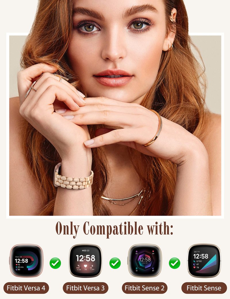 Wearlizer Resin Metal Band Compatible with Fitbit Versa 4 Bands for Women/Sense 2/Sense/Versa 3, Jewelry-Style Dressy Bracelet with No-Tool Adjustment, Elegant Lightweight Strap for Work & Daily