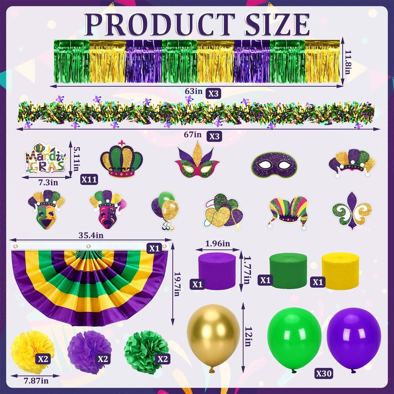 UPINS 57 Pcs Mardi Gras Decorations Kit, Mardi Gras Float Decorations Golf Cart Decorations for Parade, Includes Bunting Flag Garland Tinsel Fringe Streamers Balloons (Purple Green Gold)