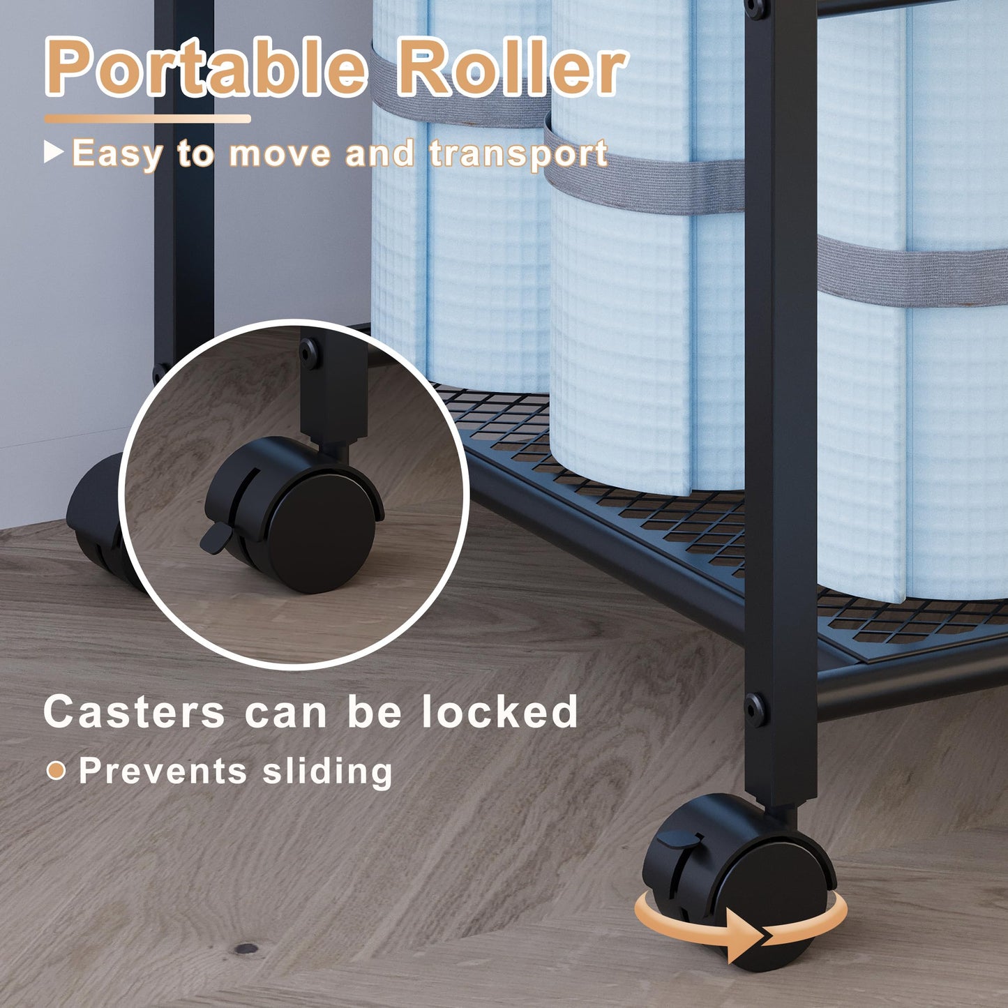 Lutown-Teen Yoga Mat Storage Rack with Wheels, Yoga Mat Rack for Fitness Class, Home, Gym, Workout Room, Home Gym Storage with Rounded Corners, Large-Capacity, Easy Assembly, Black