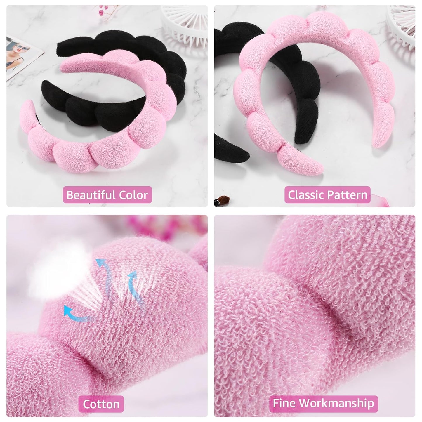 Ztomine Spa Headbands - Set of 2 Terry Cloth Face Washing Headbands for Skincare | Black & Pink