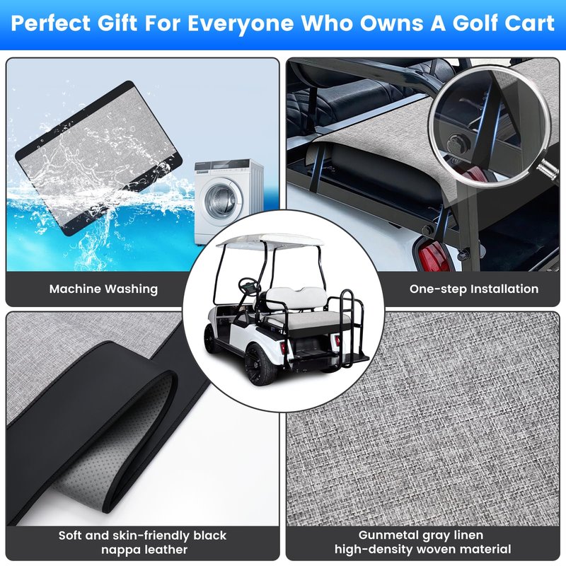 T TGBROS Golf Cart Seat Covers, Universal Golf Cart Seat Towel Blanket with 4 Side Pockets, Anti-Slip Bottom for 2 Seats EZGO, Yamaha & Club Car - Black Leather & Breathable Linen