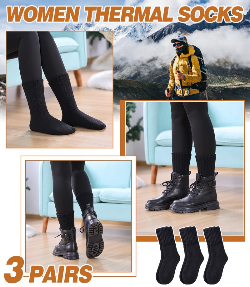DYW Womens Merino Wool Boot Socks Thermal Thick Winter Warm Cozy Hiking Work Boot Socks Christmas Gift (3 Pairs-Black)