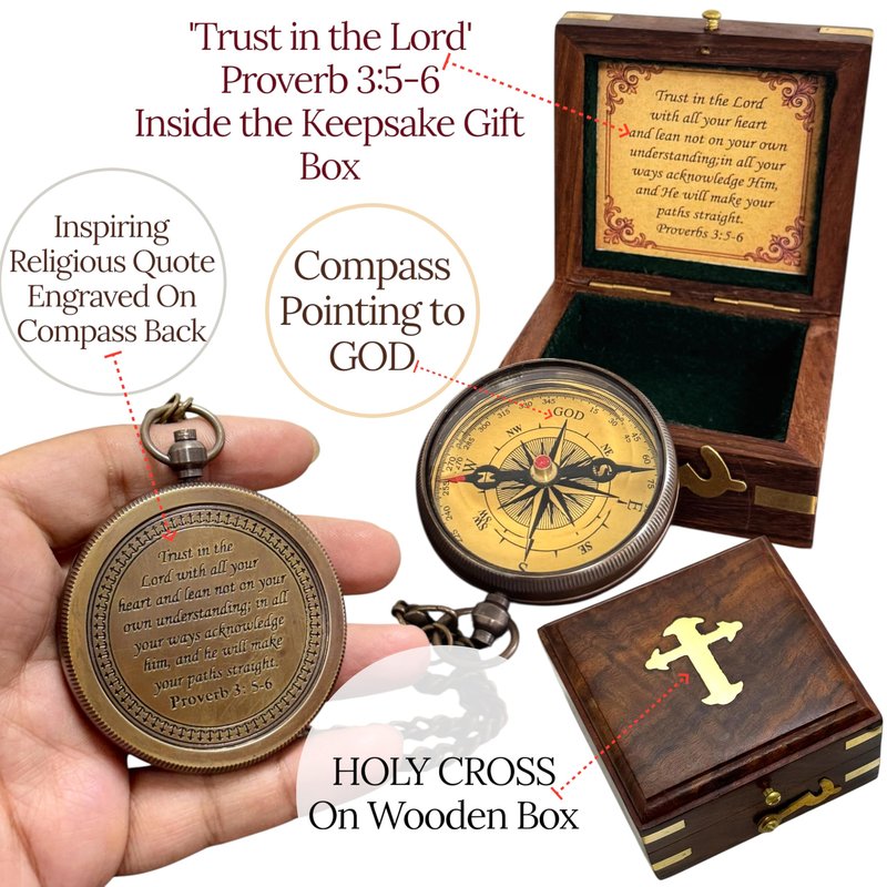 Compass Trust in Lord Religious Brass Compass Gift with Bible Proverb Engraved | Christian Inspirational Gift for Men, Faith Based Graduation, Birthday, Gift for Son, Holy Gift | Sundial Clock in Box