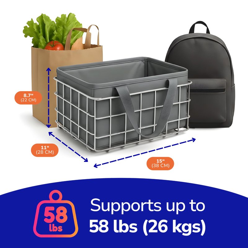 BOMBAUM Rear Bike Basket with Waterproof Cover – Heavy-Duty Collapsible Bicycle Cargo Basket, Tool-Free Rear Rack Mount, 58 lb Capacity for Grocery, Commuting & Ebikes (Charcoal Gray Liner)