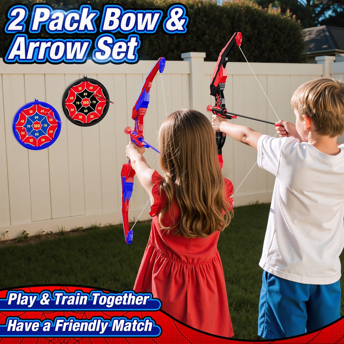 HYES 2PCS Bow and Arrow for Kids, LED Light Up Archery Set with 24 Suction Cup Arrows, 2 Hanging Target, 6 Score Targets & 2 Quiver, Indoor Outdoor Sport for Boys Girls Ages 4-12