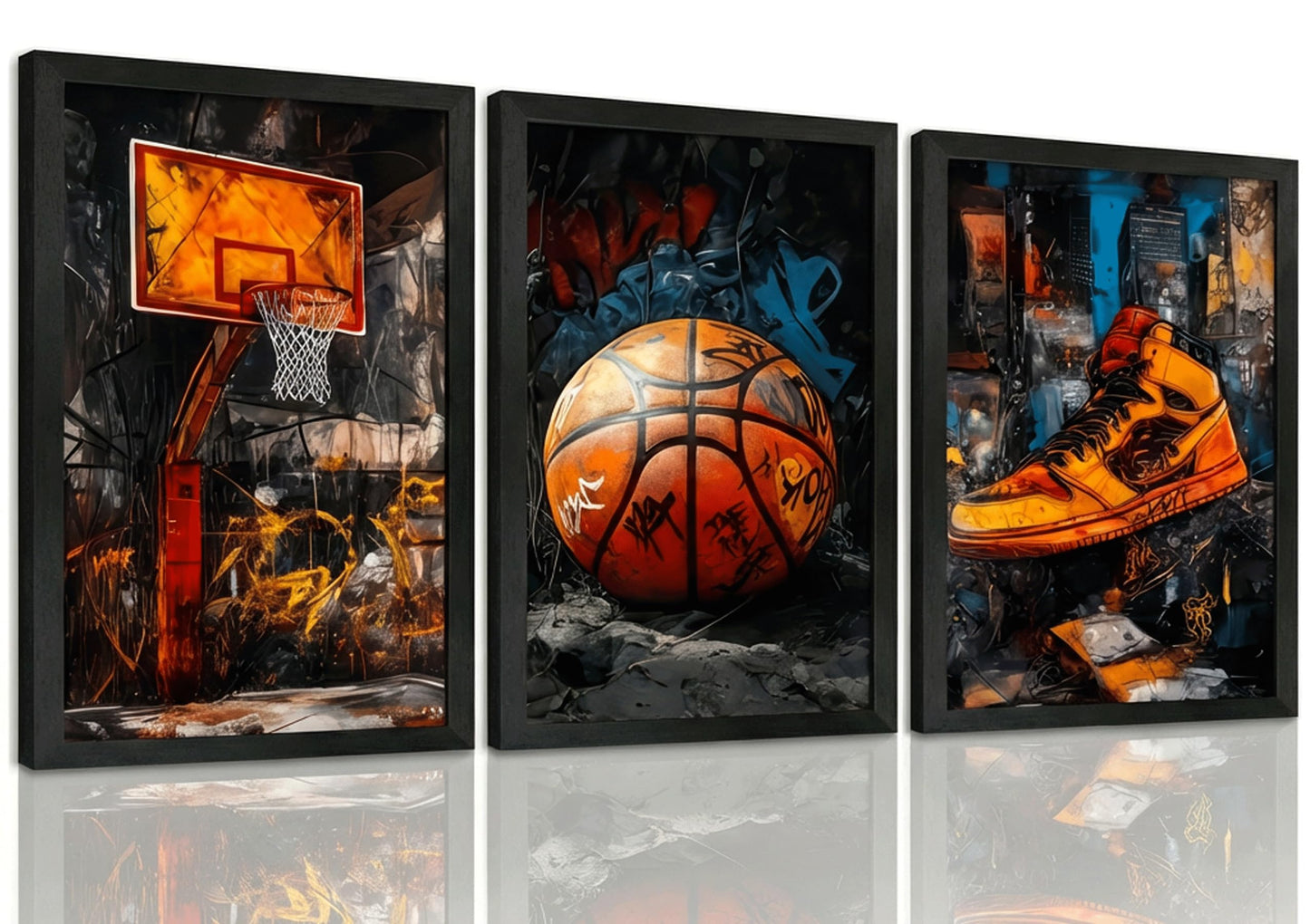 3Pcs Black Solid Wood Frame Graffiti Basketball Canvas Wall Art 12x16in