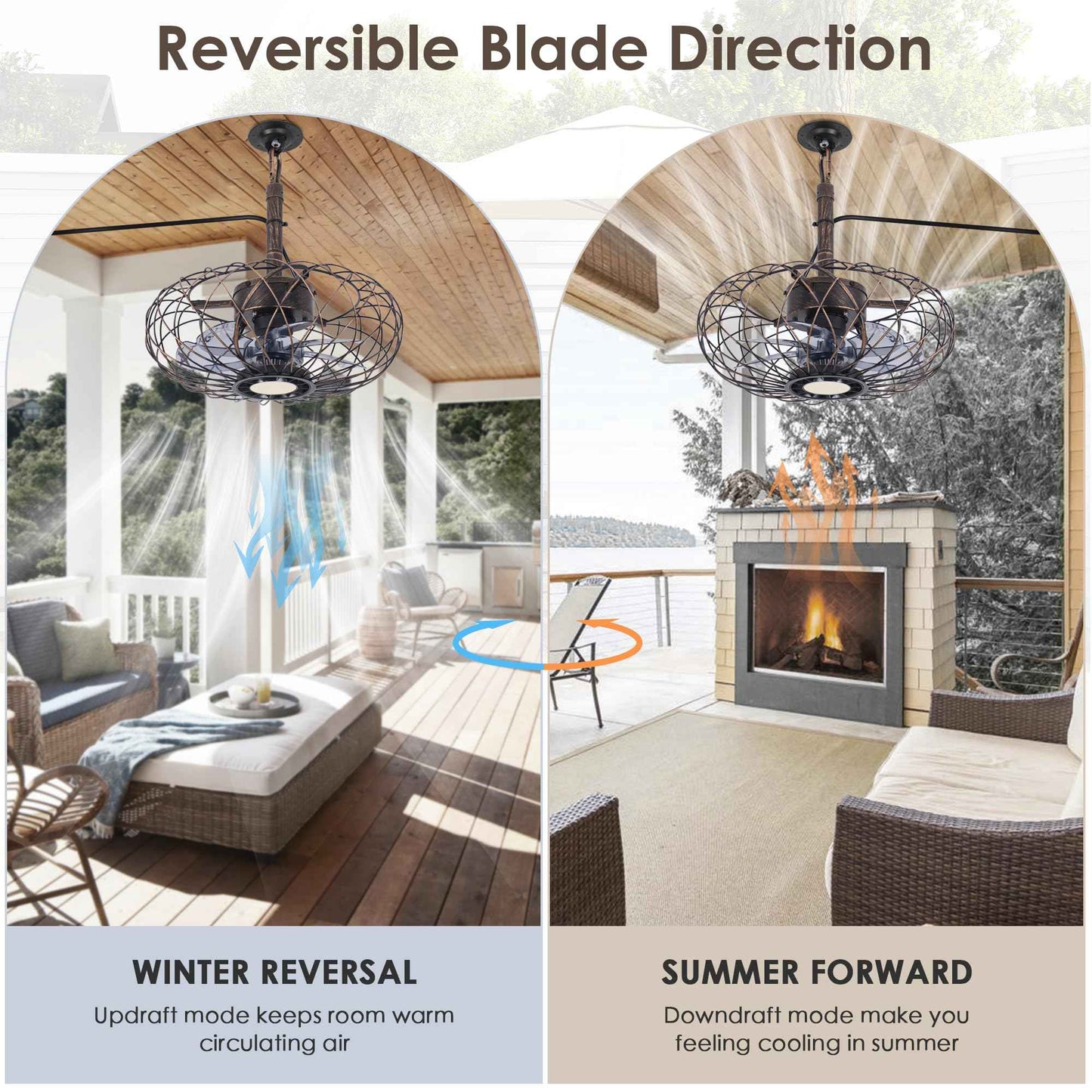 Miuyhji Retro Outdoor Ceiling Fans with LED Light, 15" Waterproof Gazebo Fan Plug in Caged Industrial Fandelier Ceiling Fan with Remote, 6 Speeds Adjustable Height Fan for Bedroom Living Room Pergola