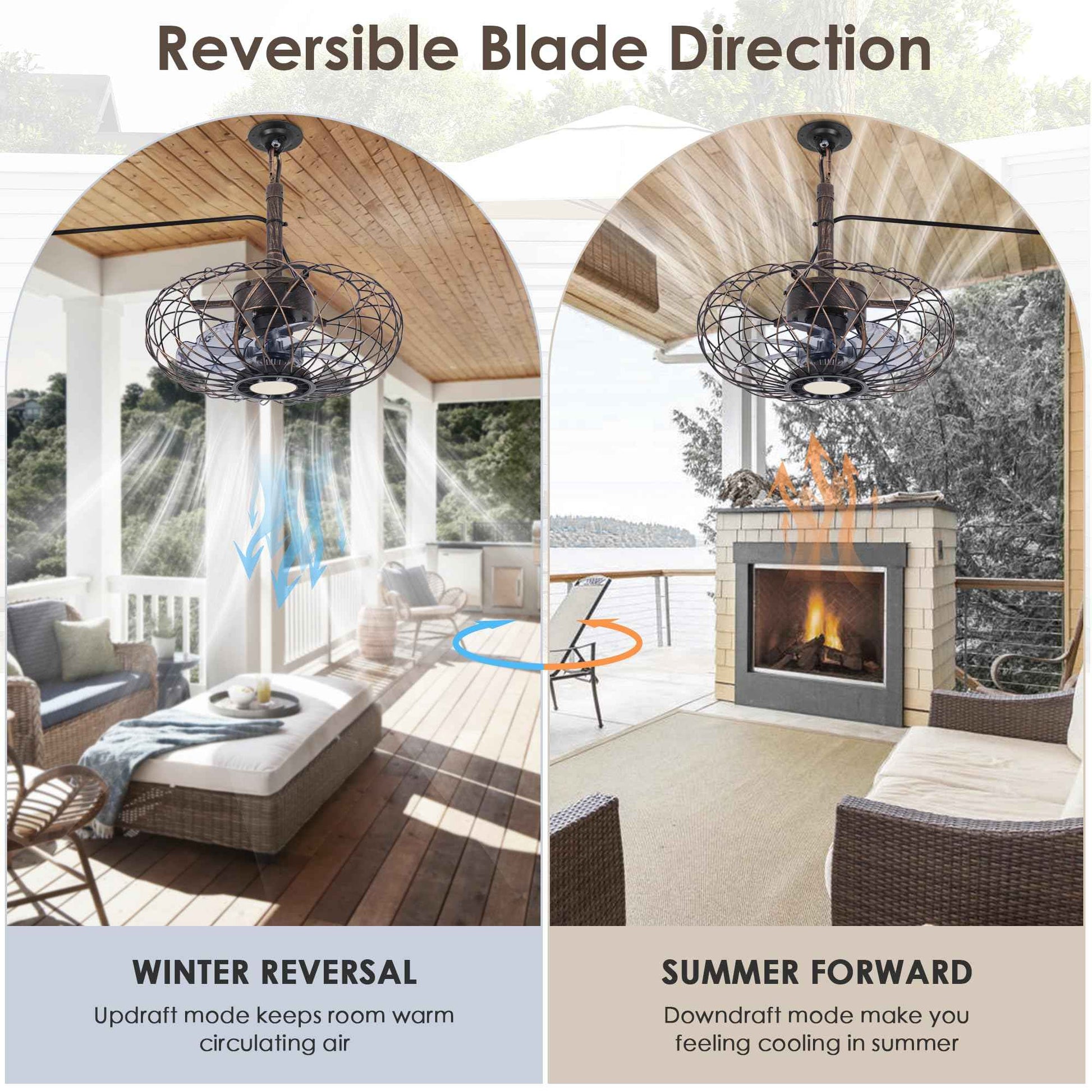 Miuyhji Retro Outdoor Ceiling Fans with LED Light, 15" Waterproof Gazebo Fan Plug in Caged Industrial Fandelier Ceiling Fan with Remote, 6 Speeds Adjustable Height Fan for Bedroom Living Room Pergola