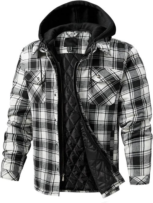CHEXPEL Flannel Jacket for Men - Hooded, Quilt-Lined, Long Sleeve Plaid Winter Coat
