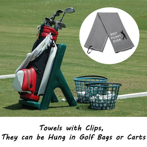 LEVLO Dad Golf Towel Embroidered Golf Towel Gift Golf Father Gift Best Papa/Pops/Grampy/Papaw/Dad/Poppy Ever Golf Towel with Clip (Best Poppy-Grey)