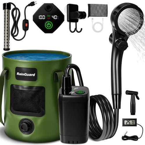 Portable Shower for Camping, 6000mAh Rechargeable Camp Shower Pump with Immersion Water Heater, 6.6 Gal Foldable Bucket, 4 Spray Modes, Outdoor Camping Shower Kit for Travel, Pet Bath, Car Washing