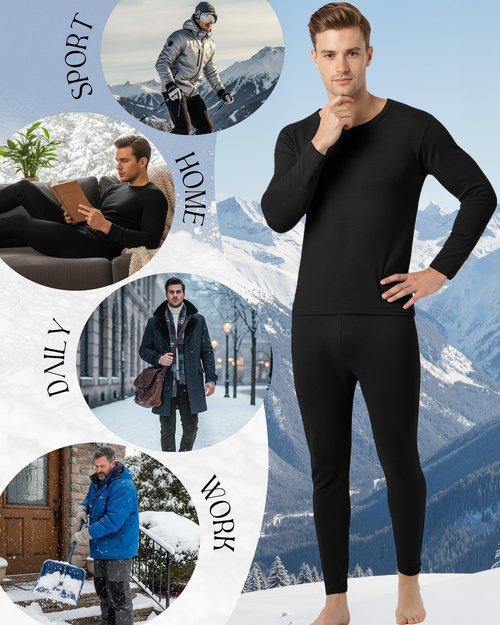 Patelai 2 Pack Mens Thermal Underwear Set Fleece Lined Underwear Shirt and Pants Set Base Layer Top and Bottom Cold Weather(Black/light Gray,Small)